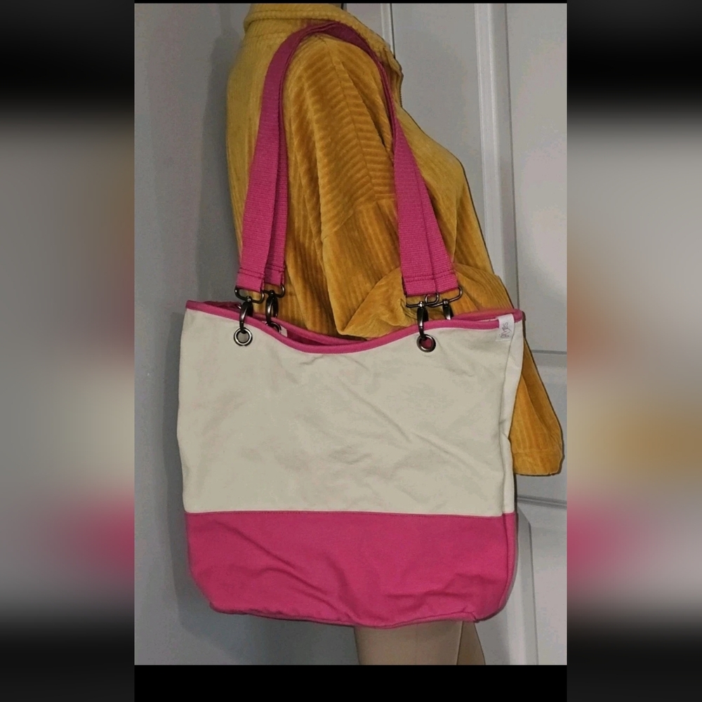 Thirty-one gives Canvas Crew Carry-All Bag Tote Natural  & Hot Pink 12"x15"x4"